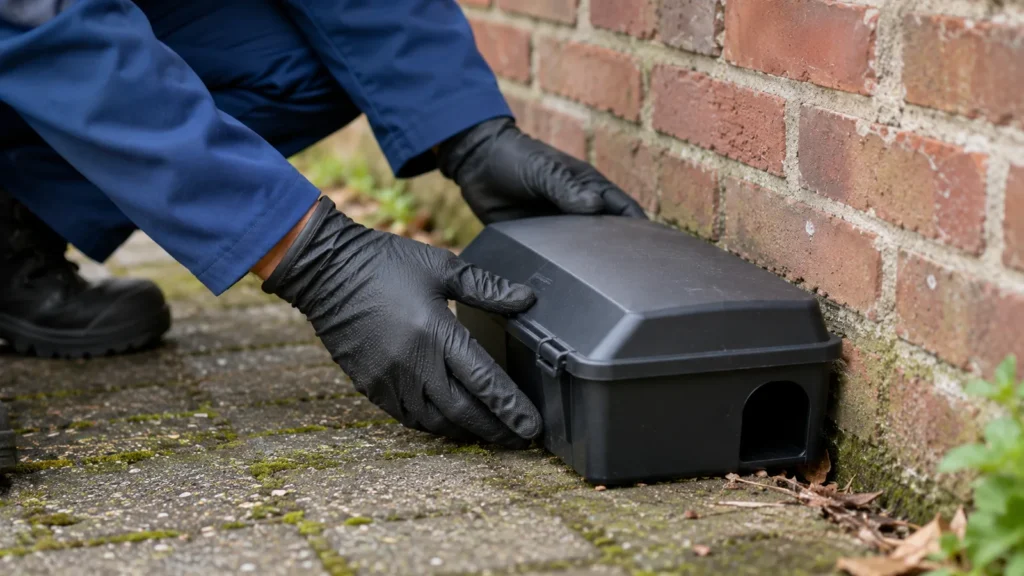 Kosten ongediertebestrijding: bestrijder plaatst een gesloten lokdoos langs de muur