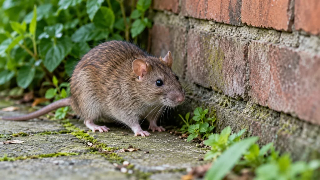 Rattenbestrijding in Utrecht: bruine rat langs een bakstenen tuinmuur