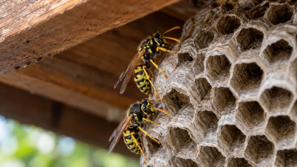 Wespennest verwijderen in Utrecht: wespen op een papieren nest onder de dakrand